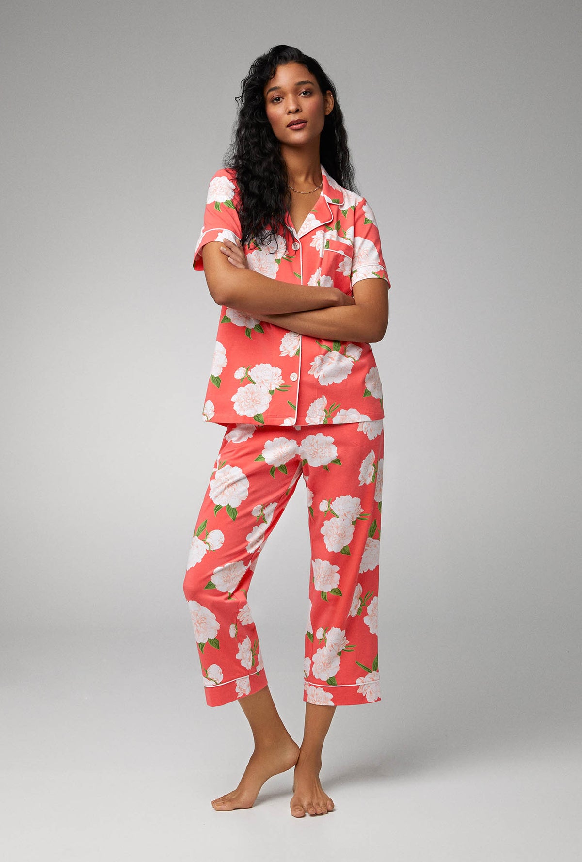 A lady wearing Short Sleeve Classic Stretch Jersey Cropped PJ Set with Perfect Peonies print
