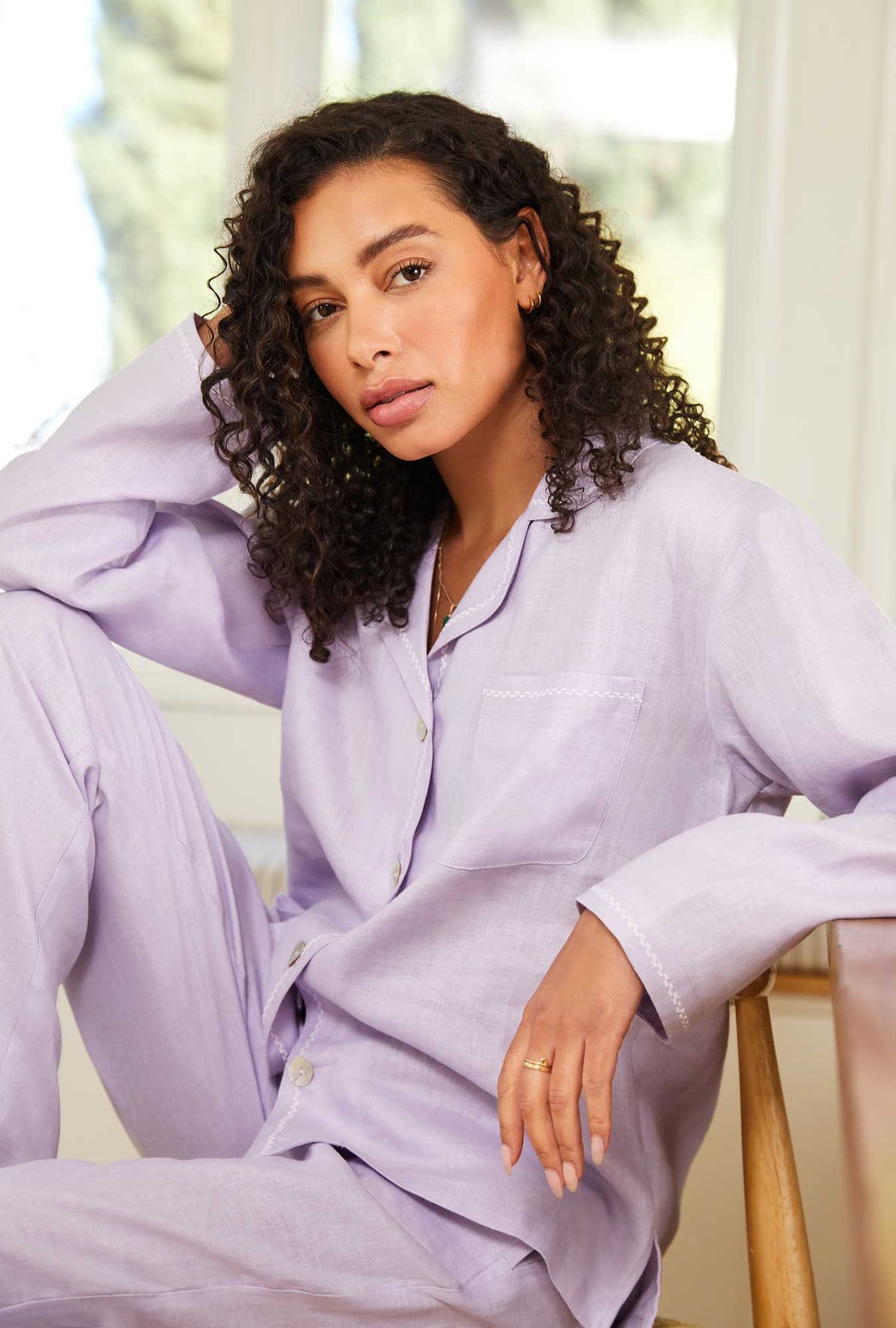 A lady wearing Long Sleeve Classic Woven Linen PJ Set with Orchid Petal print