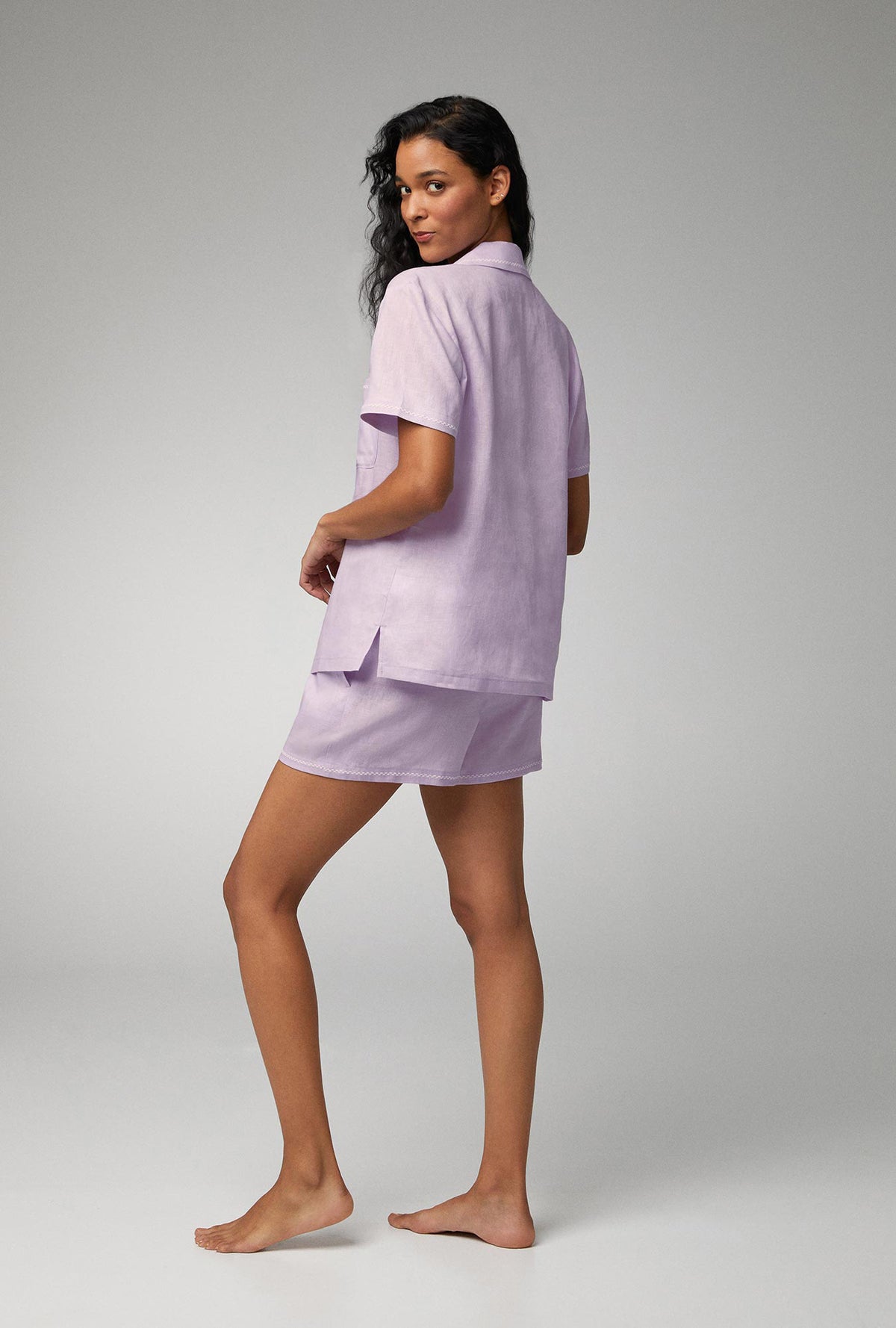 A lady wearing Shorty Sleeve Classic Woven Linen Shorty PJ Set with Orchid Petal  print