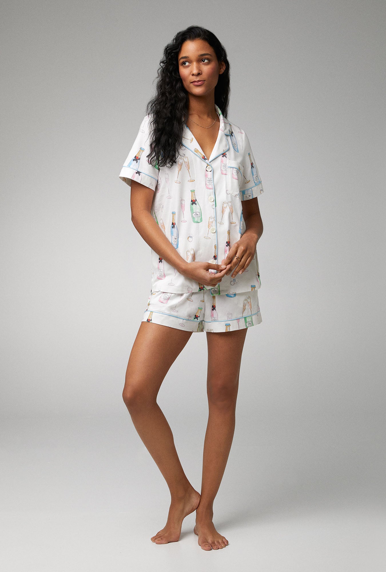 A lady wearing Short Sleeve Classic Shorty Stretch Jersey PJ Set with Champagne Wedding print