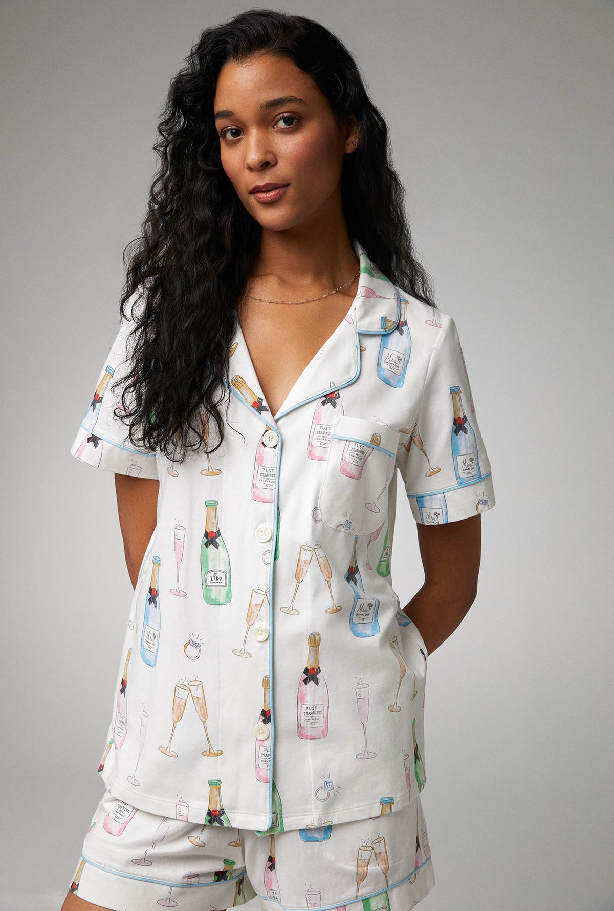 A lady wearing Short Sleeve Classic Shorty Stretch Jersey PJ Set with Champagne Wedding print