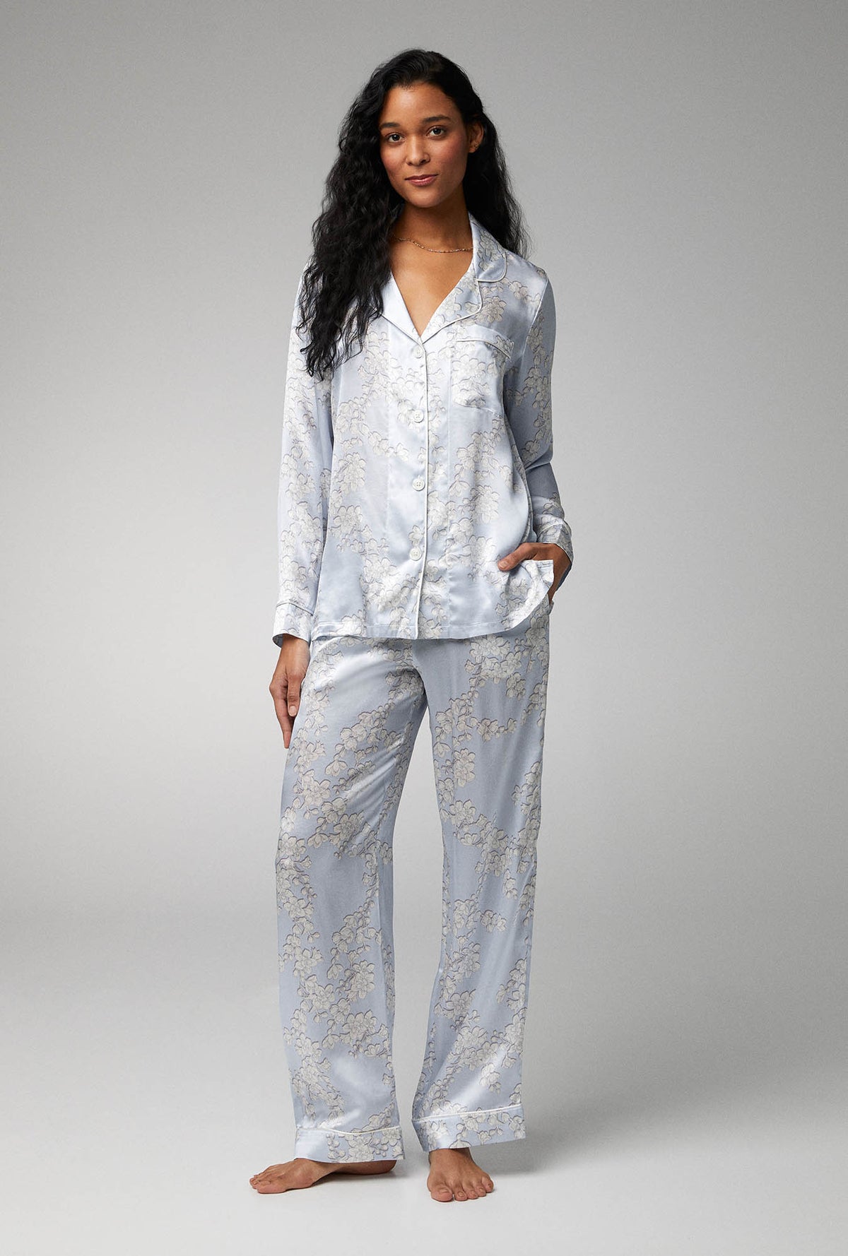 A lady wearing Long Sleeve Classic Woven Silk Satin PJ Set with Renee&#39;s Blossom print