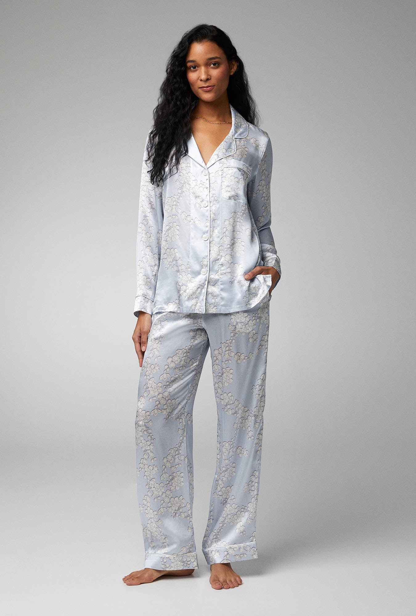 A lady wearing Long Sleeve Classic Woven Silk Satin PJ Set with Renee's Blossom print