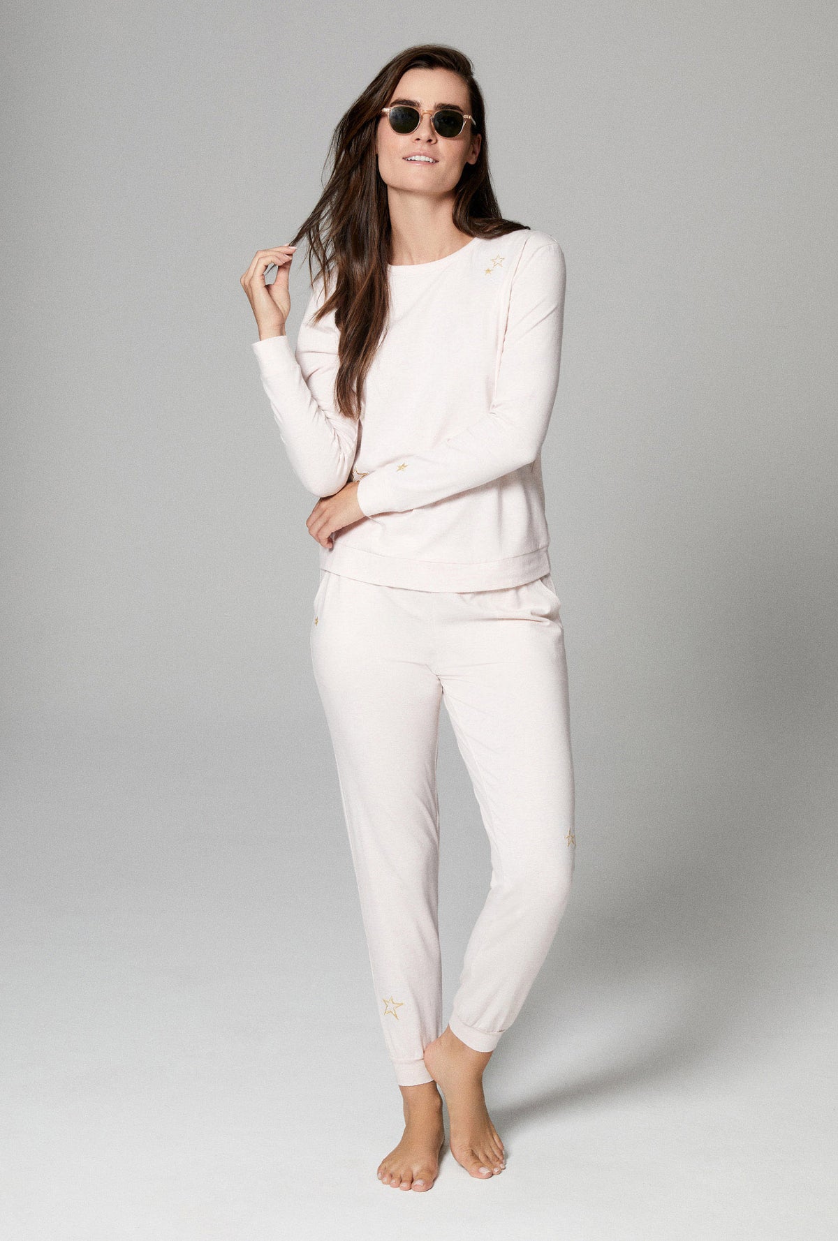 Star Embroidered Ice Pink Heather Long Sleeve Pullover Crew and Jogger Stretch Jersey PJ Set