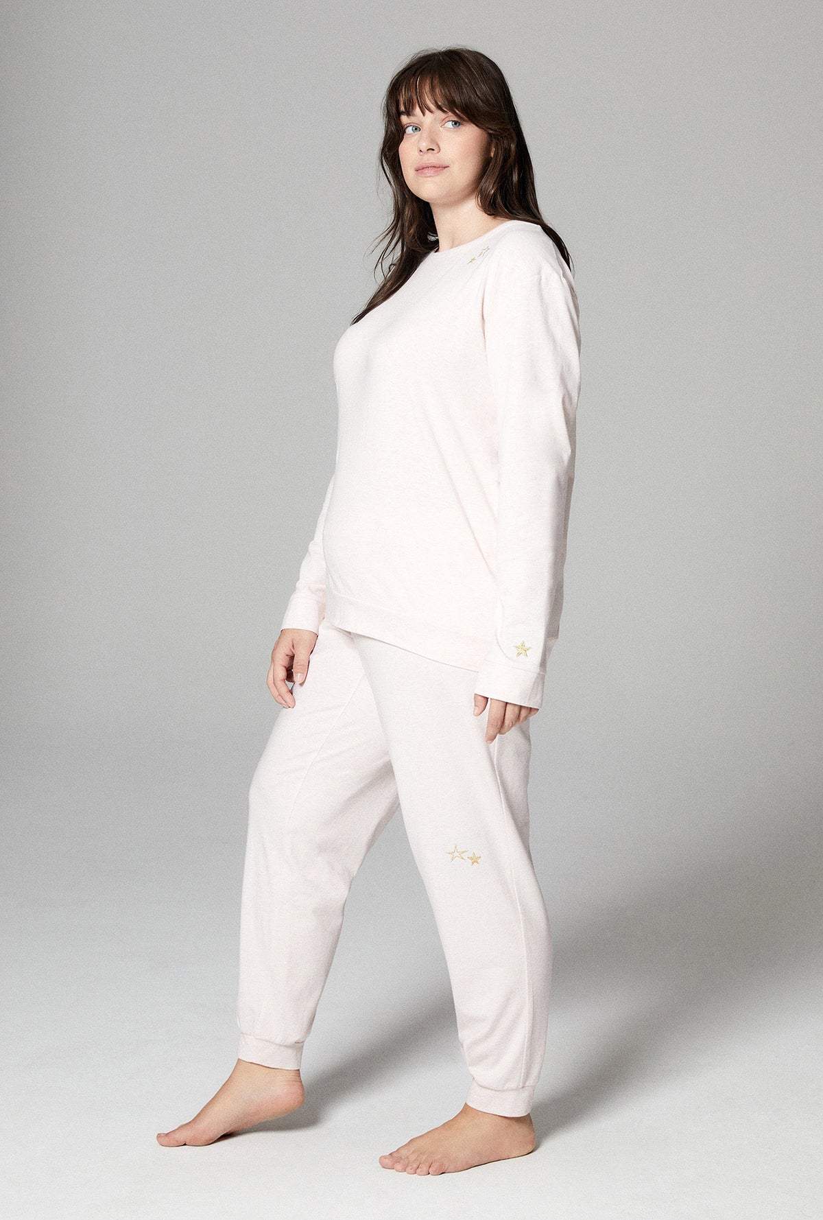 Star Embroidered Ice Pink Heather Long Sleeve Pullover Crew and Jogger Stretch Jersey PJ Set