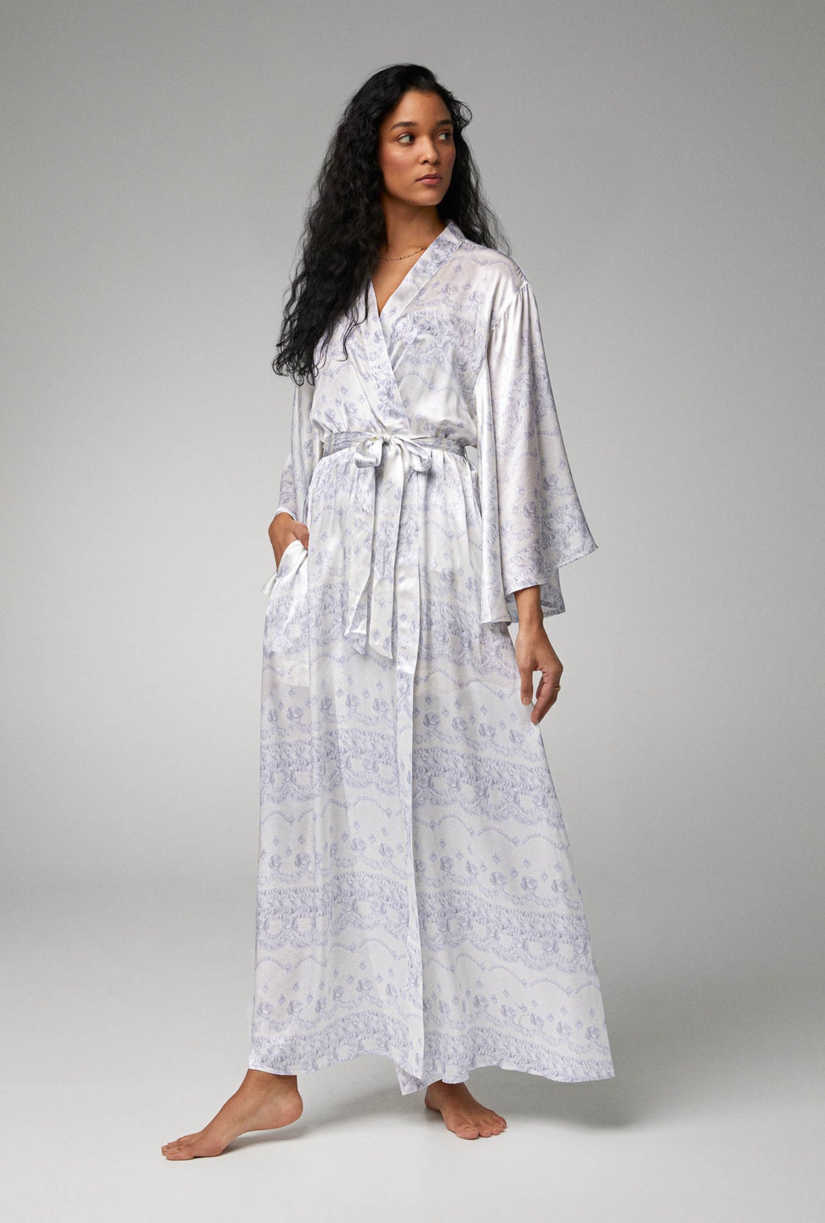 A lady Wearing Banded Collar Woven Silk Satin Maxi Robe with Buttercream print