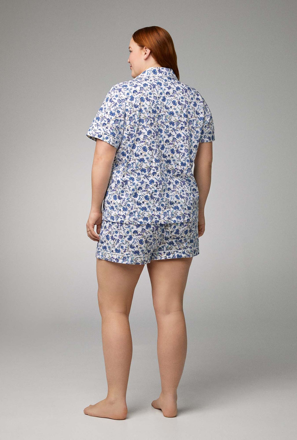 A lady wearing Short Sleeve Classic Shorty Stretch Jersey PJ Set with Terrance Floral print