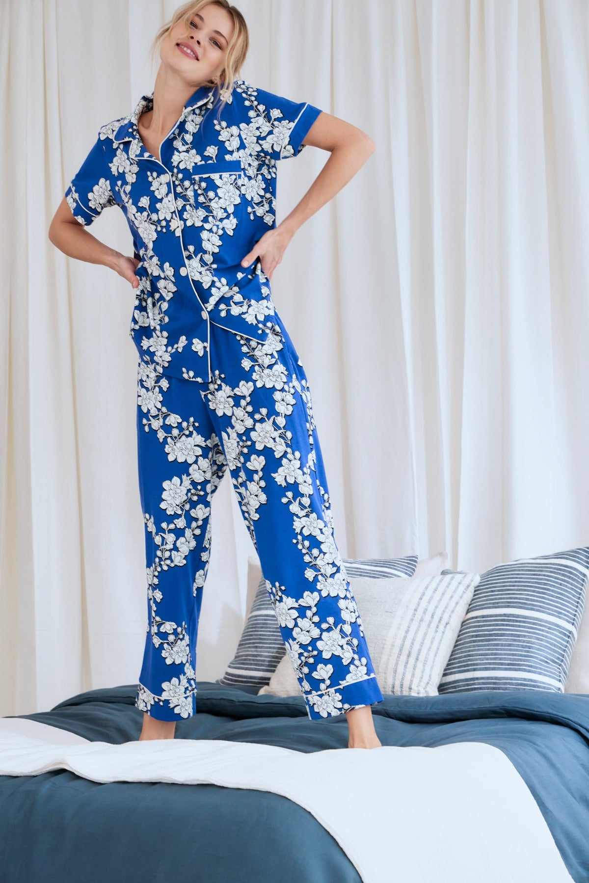 Navy Shadow Blossom Short Sleeve Cropped Stretch Jersey PJ Set
