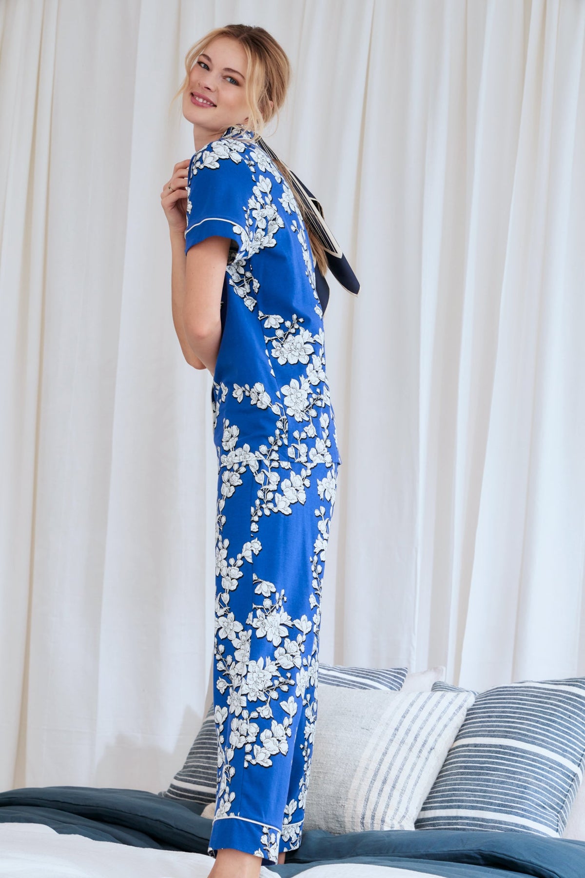 Navy Shadow Blossom Short Sleeve Cropped Stretch Jersey PJ Set