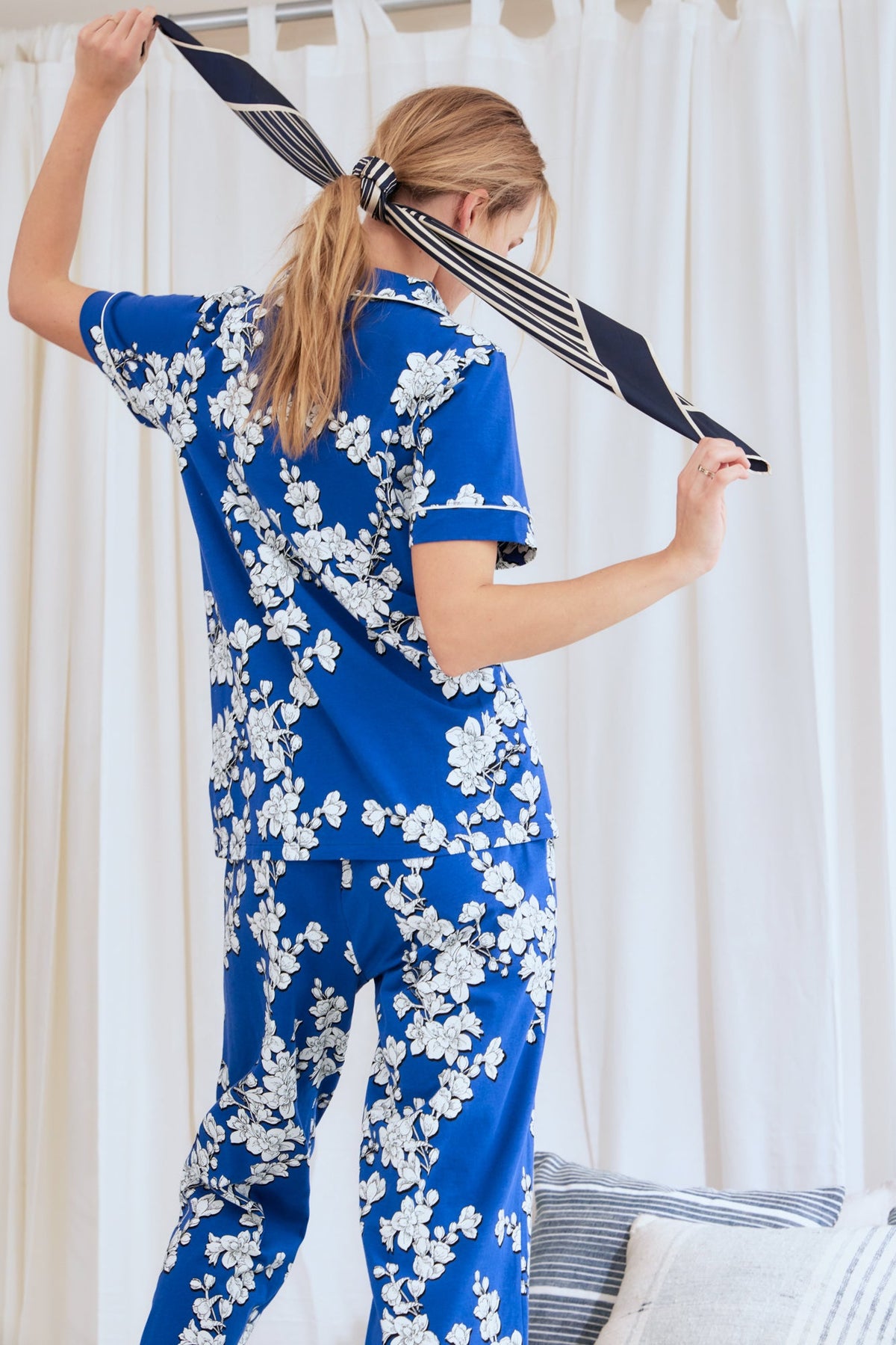 Navy Shadow Blossom Short Sleeve Cropped Stretch Jersey PJ Set