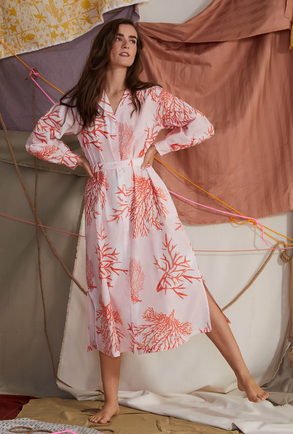 Sea Coral Notch Collar Woven Silk Maxi Dress - Bedhead Pajamas