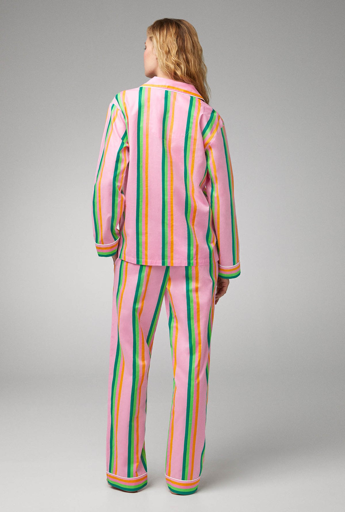 A lady wearing pink Long Sleeve Classic Woven Poplin PJ Set with Pineapple Stripe  print