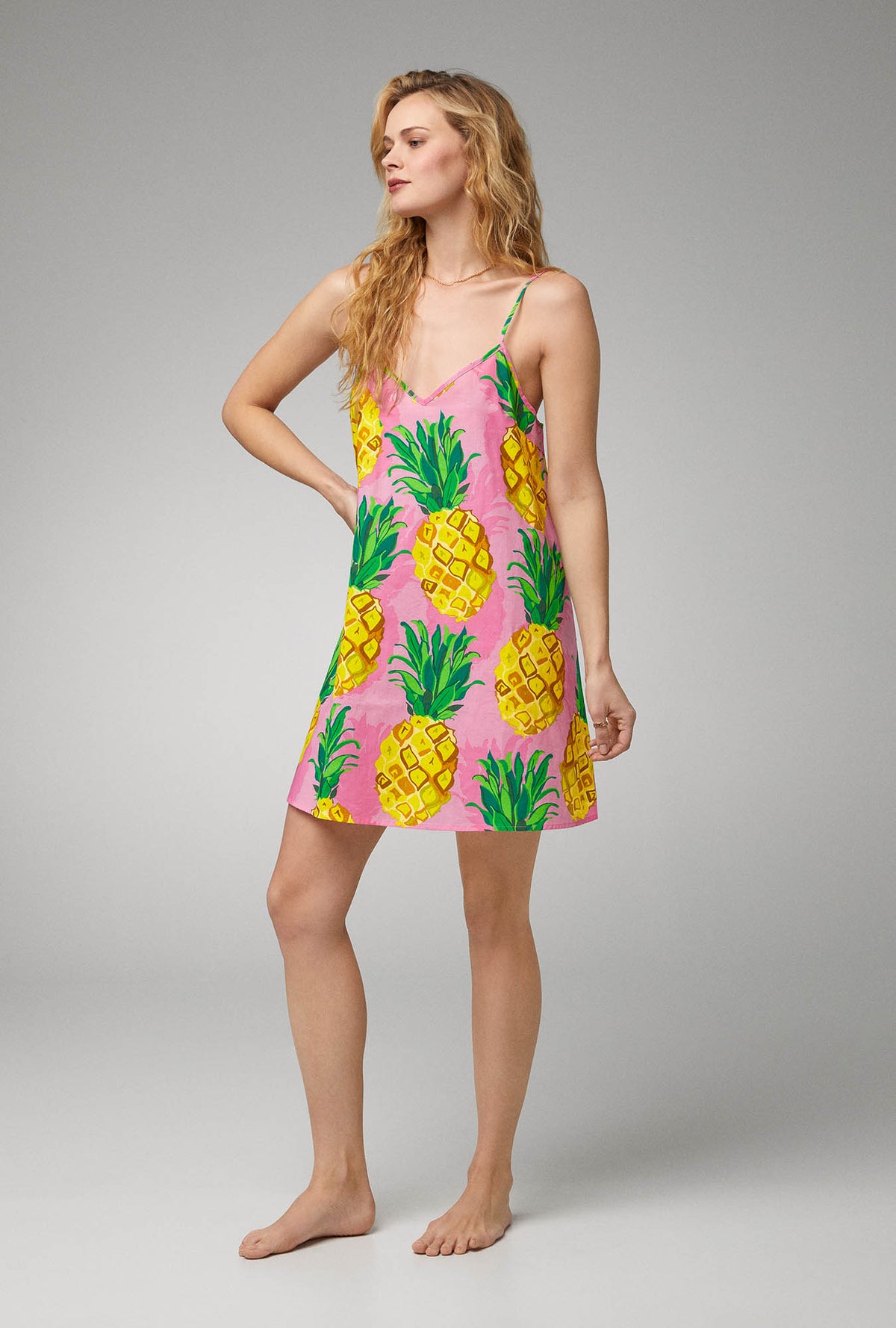 A lady wearing Woven Poplin Chemise with Pineapple print