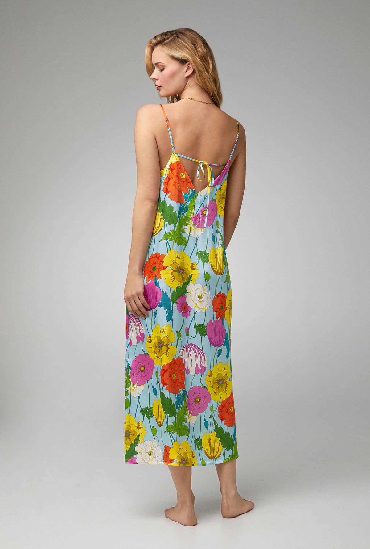 A lady wearing Woven Silk Satin Chemise with  Sunny Blossom print