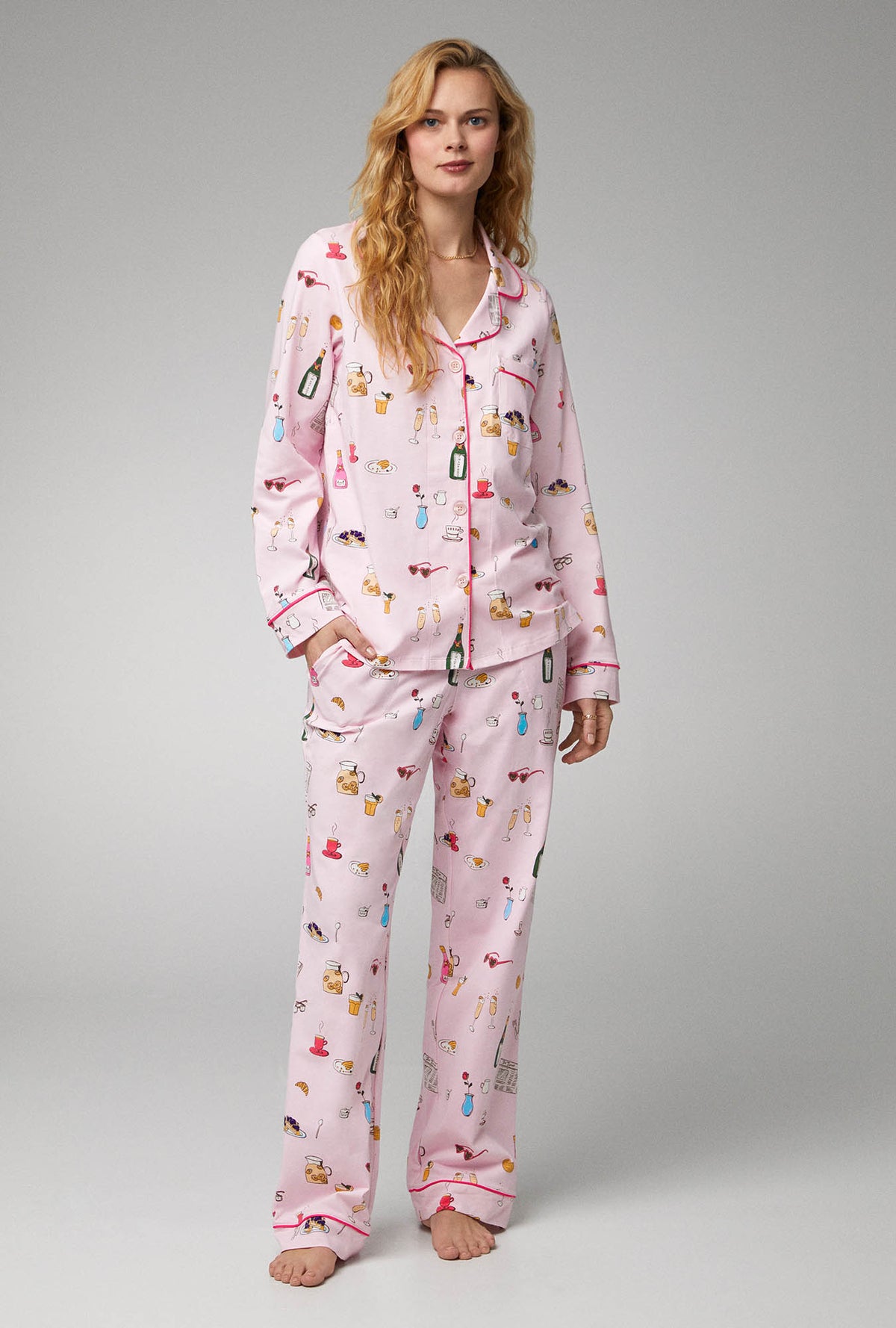 A lady wearing Long Sleeve Classic Stretch Jersey PJ Set with Let&#39;s Do Brunch print