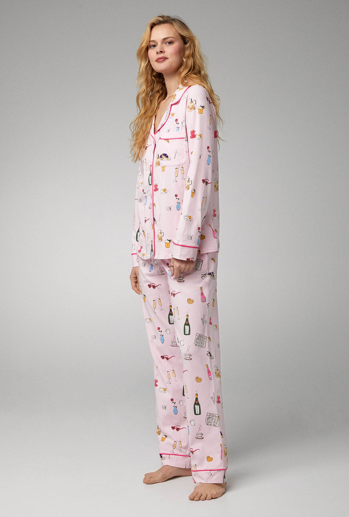 A lady wearing Long Sleeve Classic Stretch Jersey PJ Set with Let&#39;s Do Brunch print