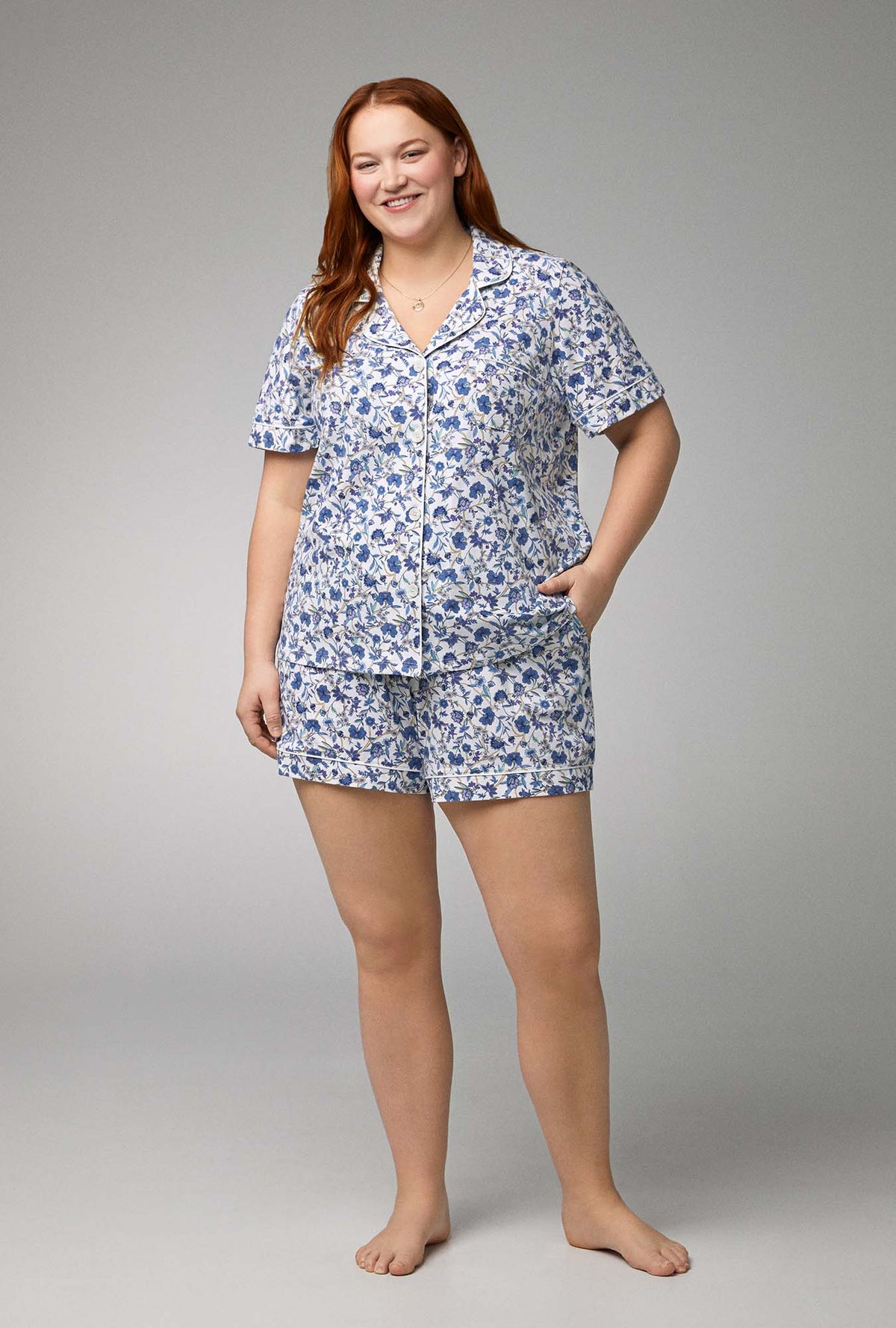 A lady wearing Short Sleeve Classic Shorty Stretch Jersey PJ Set with Terrance Floral print