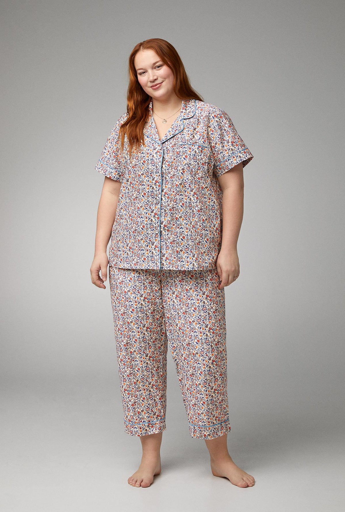 A lady wearing white  Short Sleeve Classic Woven Cotton Silk Cropped PJ Set with Country Meadow  print