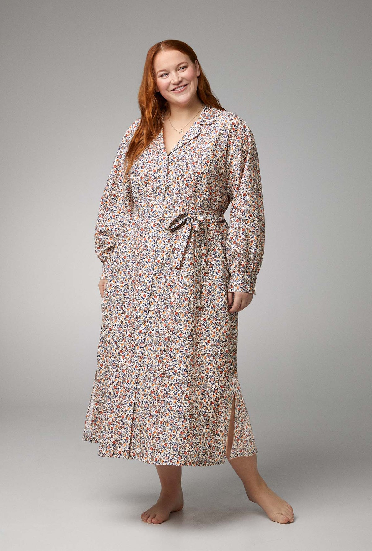 A lady wearing  Notch Collar Woven Cotton Silk Maxi Dress with  Country Meadow print